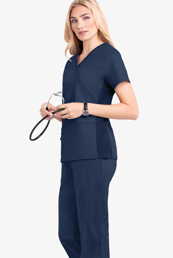 Blusa médica UA Butter-Soft STRETCH con cuello en V y paneles laterales de punto tejido para mujer - Navy - 2