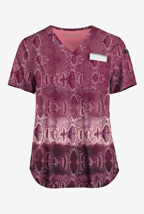 Easy STRETCH Wild Border Wine Women's 2-Pocket V-Neck Tuck-In Print Scrub Top - null - 1