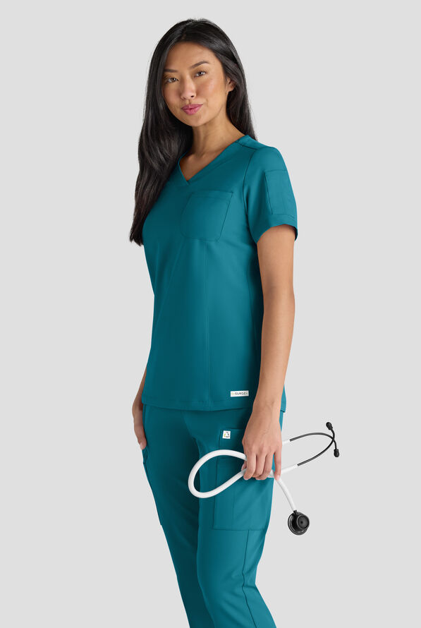 ReSurge Diamond Women's 3-Pocket V-Neck Tuck In / Wear Out Scrub Top - Caribbean Blue - 6