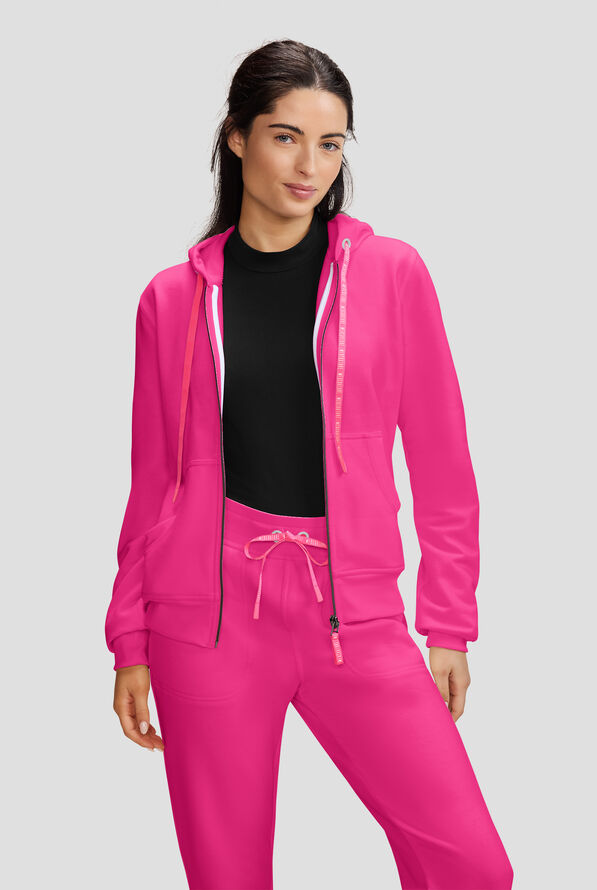 Med Couture Amp Women's 2-Pocket STRETCH Knit Embossed Logo Zip Hoodie Scrub Jacket - Pink Power - 2