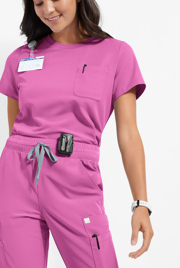 ReSurge Citrine Women's 1-Pocket Crew Neck Tuck In / Wear Out Scrub Top - Magnesium Pink - 1