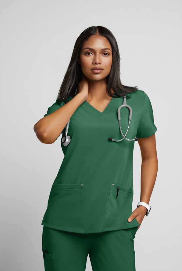 Easy STRETCH Lina Mitered Women's 4-Pocket V-Neck Scrub Top - Hunter - 2