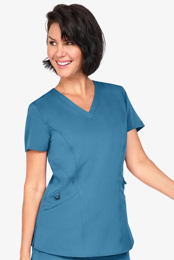 Zavate Ava Therese Women's 3-Pocket STRETCH Back Rib-Knit&nbsp;V-Neck Scrub Top - Blue Shadow - 2