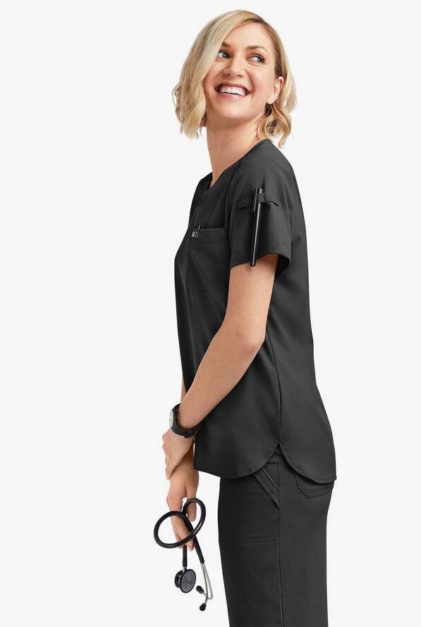 Easy STRETCH Nikki Women's 1-Pocket Scallop Neck Tuck-In Scrub Top - Onyx Black - 2