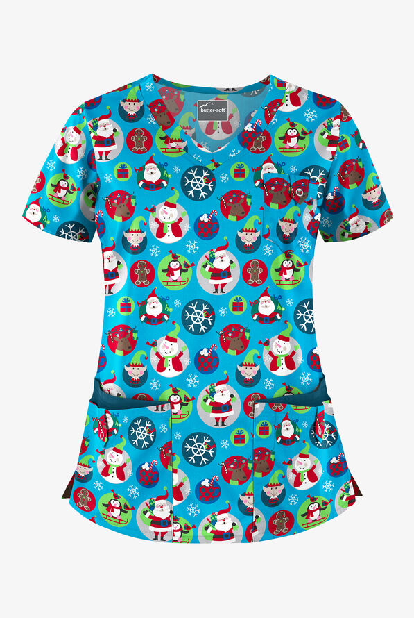 Butter-Soft Christmas Stickers Turquoise Women's 5-Pocket Rounded V-Neck Print Scrub Top - null - 1