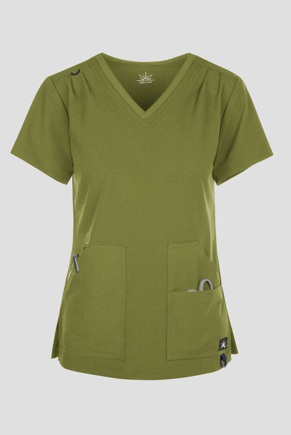koi Solis Sari Women's 4-Pocket STRETCH V-Neck Scrub Top - Martini Olive - 1