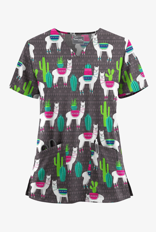 Blusa médica estampada Butter-Soft STRETCH Llama Vacation Pewter con cuello en V y 2 bolsillos para mujer - null - 1