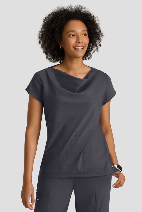 Blusa médica Grey's Anatomy™ by Barco Spandex Marisol STRETCH con cuello desbocado y mangas casquillo para mujer - Steel Gray - 2