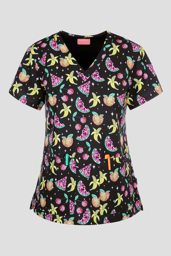 Zavate Ava Therese Groovy Fruits Women's 2-Pocket STRETCH V-Neck Print Scrub Top - null - 1