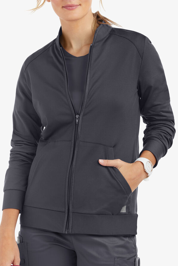 Butter-Soft STRETCH Women's 2-Pocket Technical Knit Zip Front Scrub Jacket - Pewter - 2