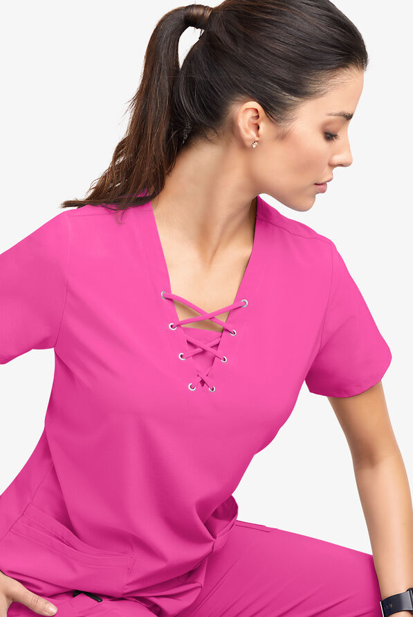 Easy STRETCH Gisele Women's 4-Pocket Lace Up V-Neck Scrub Top - Glam Pink - 5