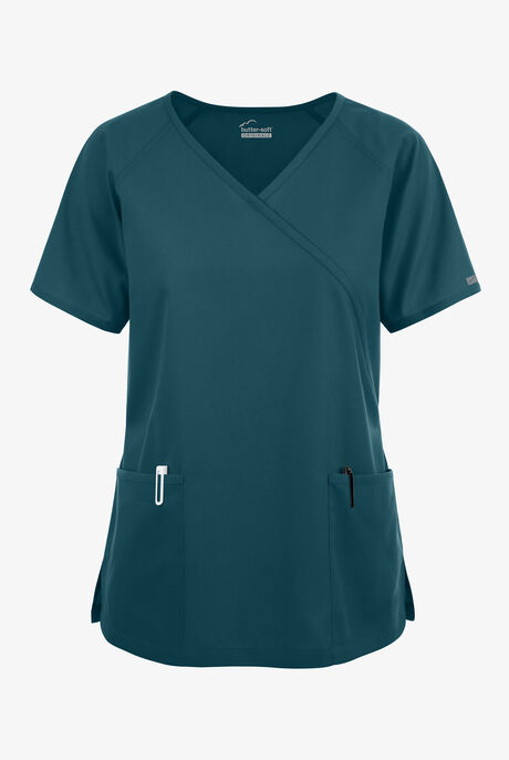 Blusa médica Butter-Soft Originals estilo cruzado con 3 bolsillos para mujer
