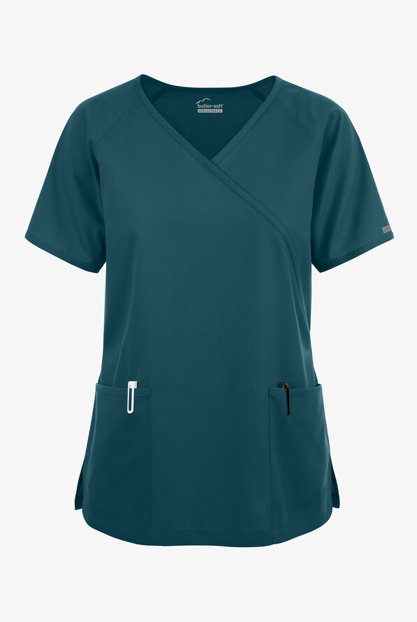 Blusa médica Butter-Soft Originals estilo cruzado con 3 bolsillos para mujer - Caribbean Blue - 1