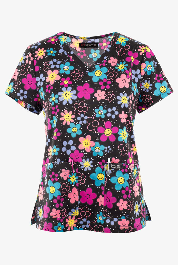 Blusa m&eacute;dica estampada koi Basics Get Happy STRETCH con cuello en V y 2 bolsillos para mujer - null - 1