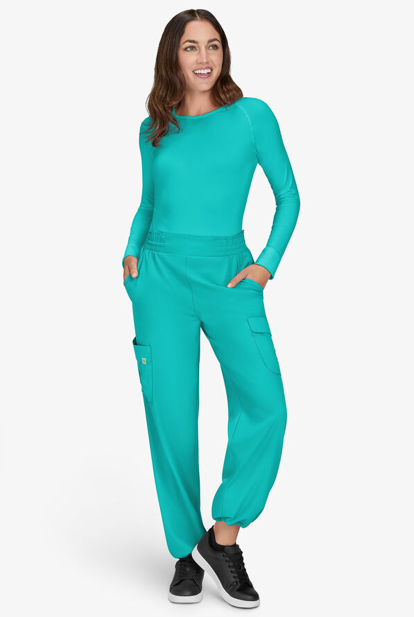 Planet koi Ayla Women's 6-Pocket STRETCH Flat Waist Rouched Cargo Convertible Wide Leg Scrub Pants - Waterfall Blue - 4