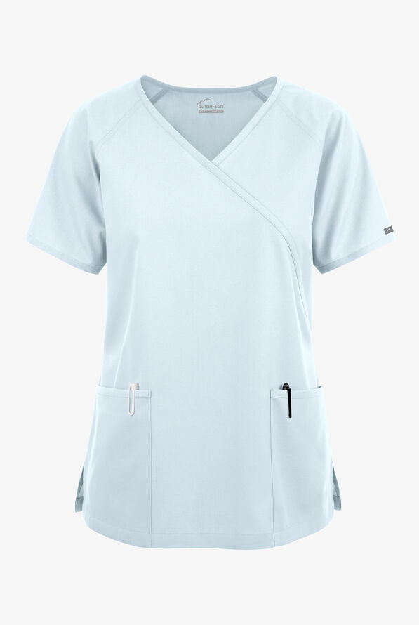 Blusa médica Butter-Soft Originals estilo cruzado con 3 bolsillos para mujer - Morning Dew - 1