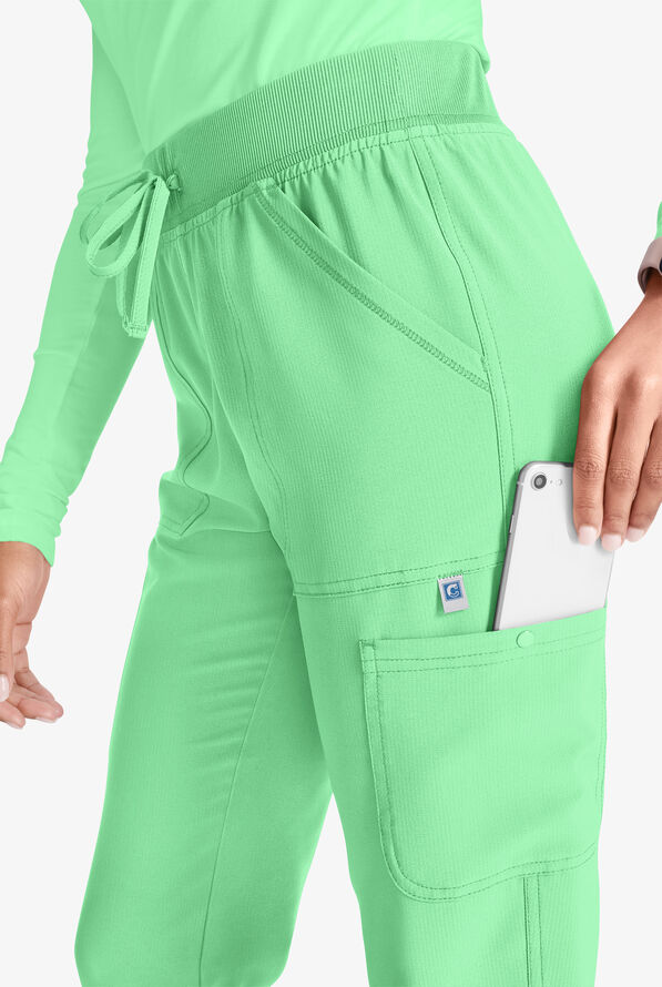 Cherokee Collection Women's 4-Pocket STRETCH Rib-Knit Waistband Cargo Jogger Scrub Pants - Mint - 2