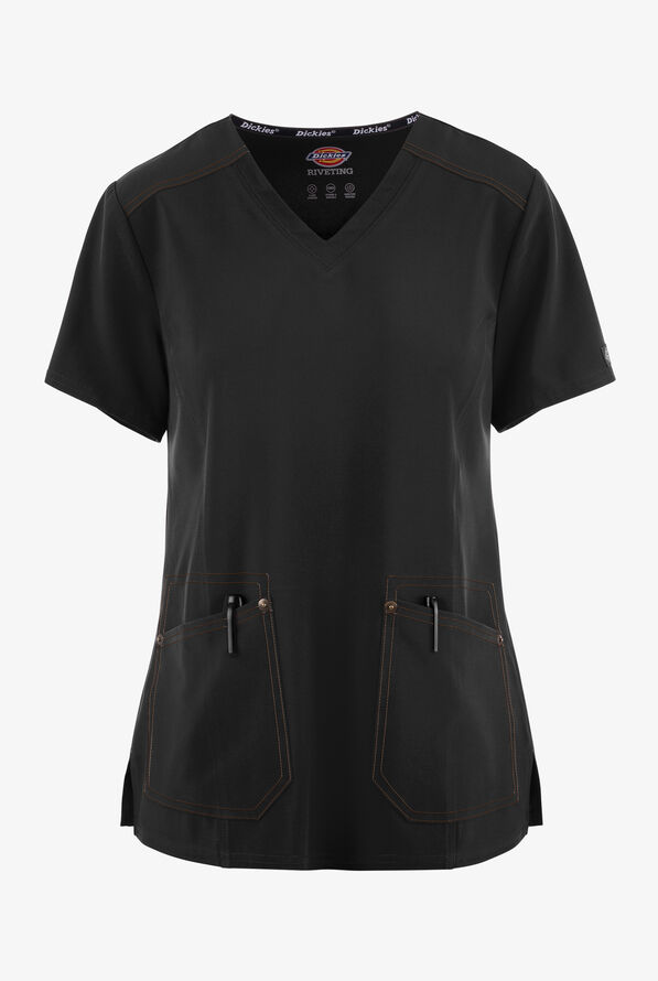Dickies Riveting Women's 2-Pocket STRETCH Contrast Stitching V-Neck Scrub Top - Black - 1