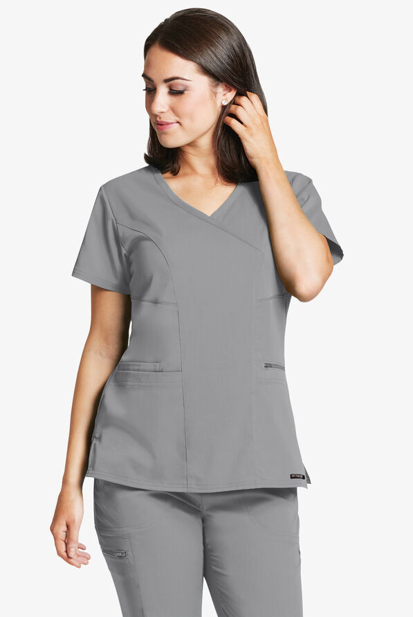 Grey's Anatomy by Barco Spandex STRETCH Kim Women's 3-Pocket Mock Wrap Scrub Top - Moonstruck - 2