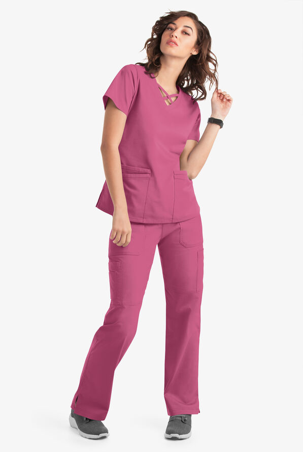 Butter-Soft STRETCH Women's 4-Pocket Crisscross Scrub Top - Berry Haze - 6