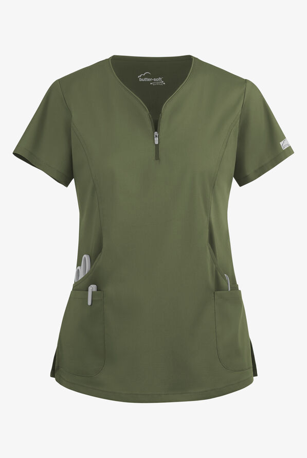 Butter-Soft STRETCH Women's 4-Pocket Curved Neck Zipper Scrub Top - Light Olive - 1