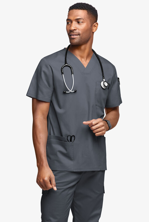 Butter-Soft STRETCH Men's 6-Pocket V-Neck Scrub Top - Pewter - 2
