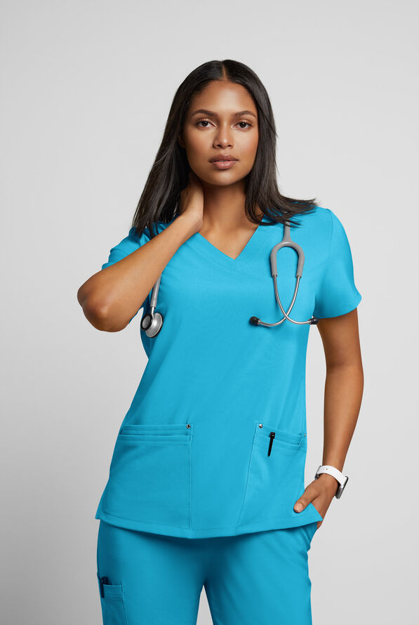 Easy STRETCH Lina Mitered Women's 4-Pocket V-Neck Scrub Top - Turquoise - 2