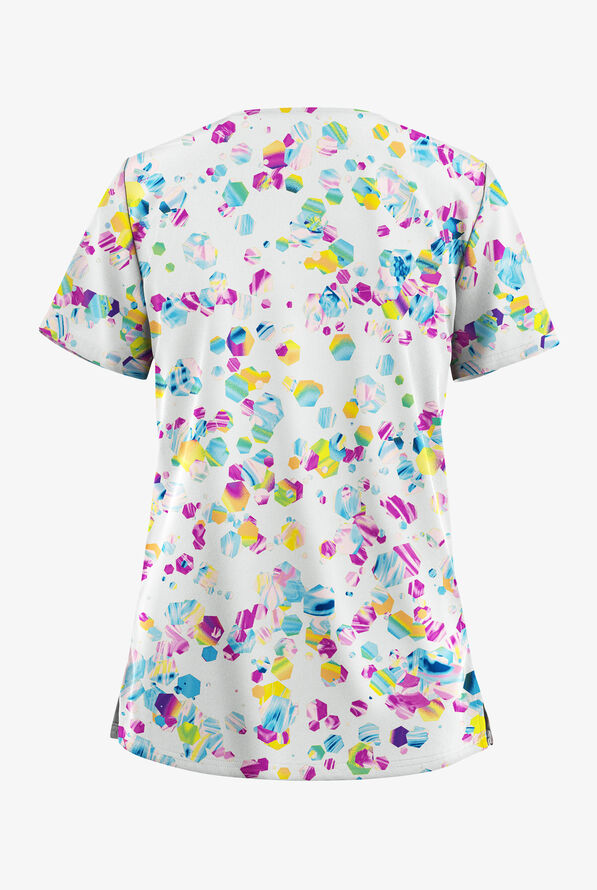 Butter-Soft STRETCH Crystal Prism White Women's 2-Pocket V-Neck Print Scrub Top - null - 2