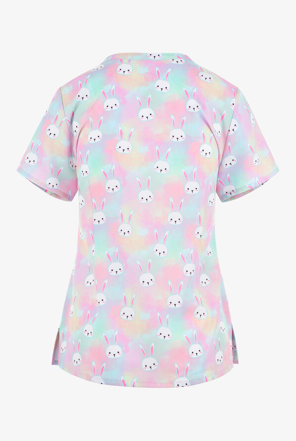 Maevn Funny Bunnies Women's Tie Dye 3-Pocket STRETCH V-Neck Print Scrub Top - null - 2