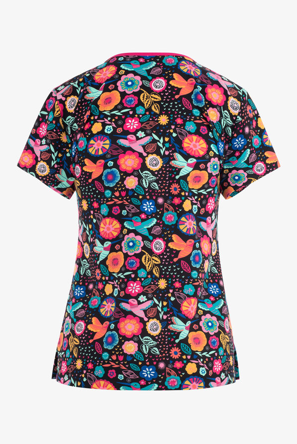 Med Couture Fiesta Birds Floral Women's 2-Pocket STRETCH V-Neck Print Scrub Top - null - 2