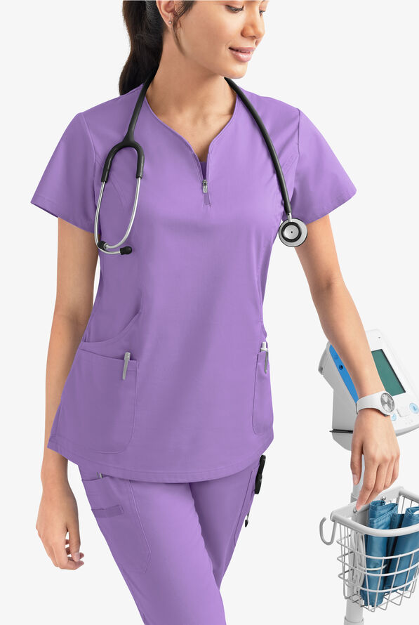 Butter-Soft STRETCH Women's 4-Pocket Curved Neck Zipper Scrub Top - Ultraviolet Light - 6