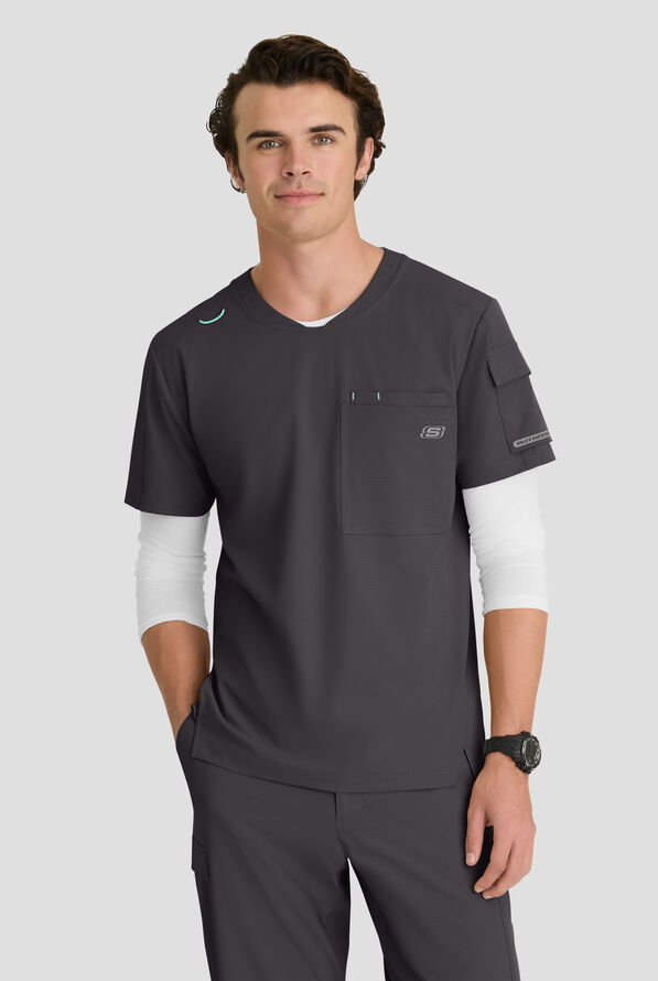 Skechers by Barco Ripstop Station Men's 3-Pocket STRETCH Notched Hem Round Neck Scrub Top - Pewter - 2