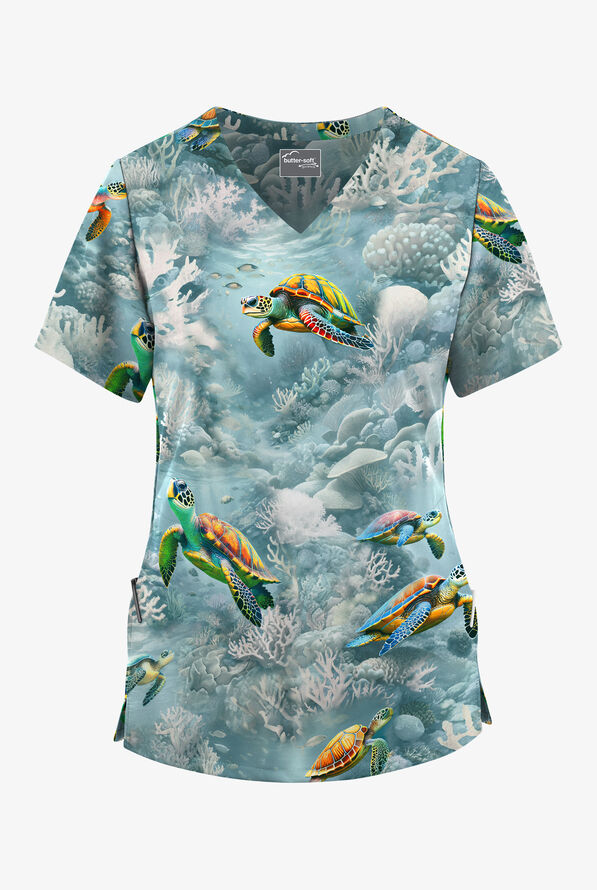 Easy STRETCH Reef Adventure Salt Blue Royal Women's 2-Pocket V-Neck Print Scrub Top - null - 1