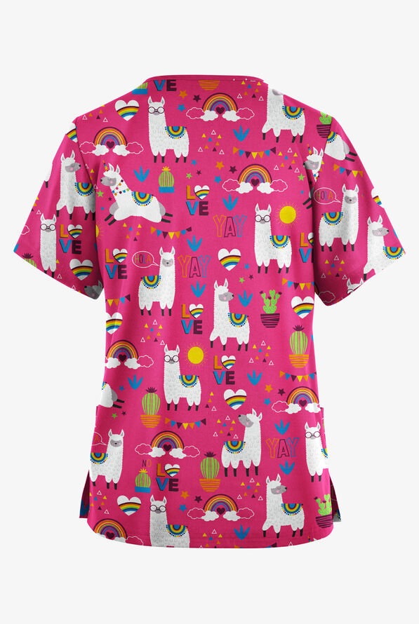 Butter-Soft Originals Llama Love Fuchsia Women's 2-Pocket Classic Fit V-Neck Print Scrub Top - null - 2