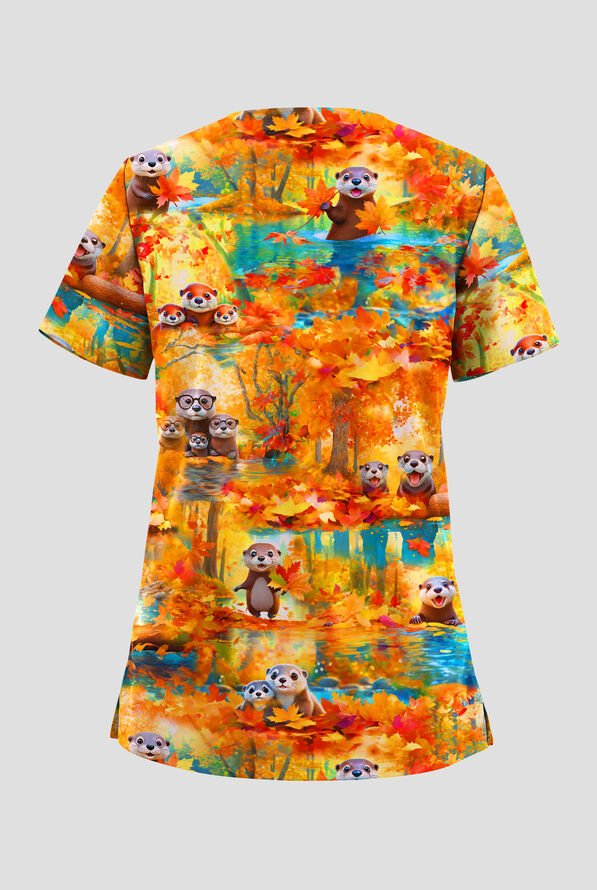 Butter-Soft STRETCH Otter Fall French Roast Women's 2-Pocket V-Neck Print Scrub Top - null - 2