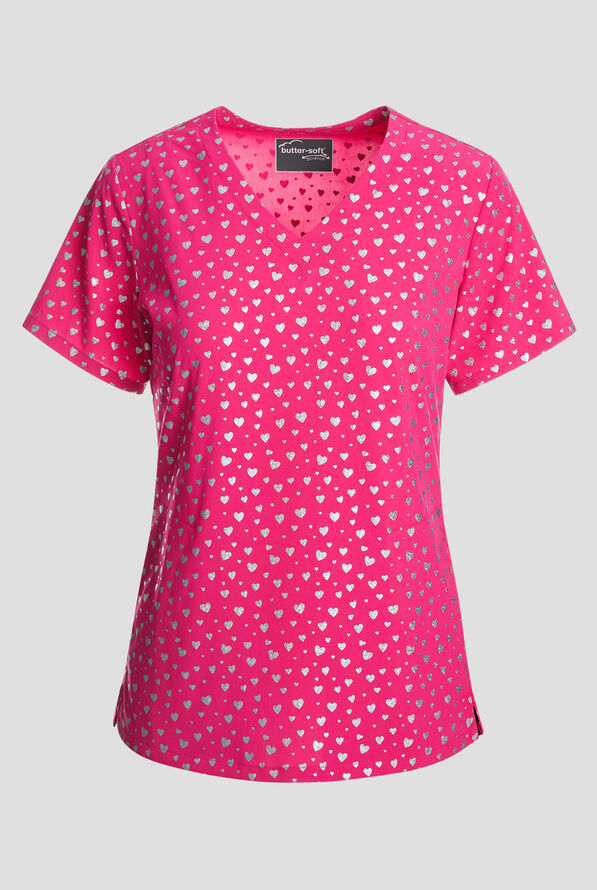 Butter-Soft STRETCH Shining Hearts Fuchsia Women's 2-Pocket V-Neck Print Scrub Top - null - 1
