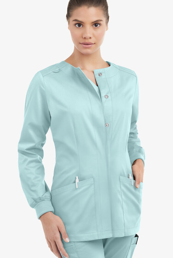Butter-Soft STRETCH Women's 2-Pocket Long Sleeve Snap Front Scrub Jacket - Salt Blue - 2