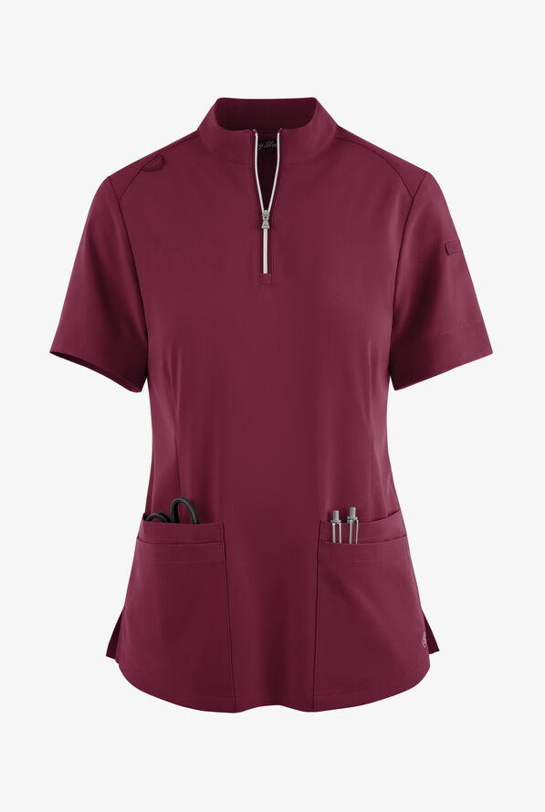 Blusa médica Easy STRETCH Jen con cremallera en el cuello y 4 bolsillos para mujer - Wine - 1