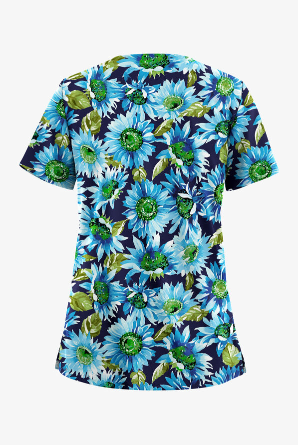 Butter-Soft STRETCH Tuscan Sunflowers Turquoise Women's 2-Pocket V-Neck Print Scrub Top - null - 2