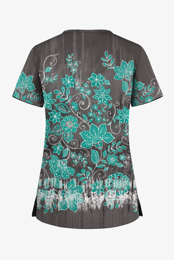 Blusa médica estampada Butter-Soft STRETCH Wildflower Border Pewter con cuello en V y 1 bolsillo para mujer - null - 2