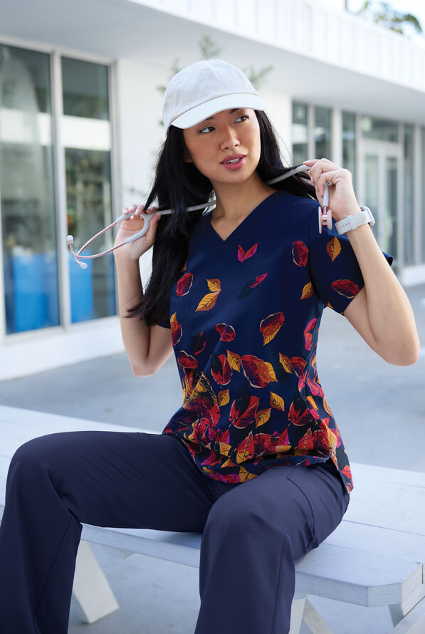 Butter-Soft Originals Autumn Border Navy Women's 2-Pocket V-Neck Print Scrub Top - null - 3