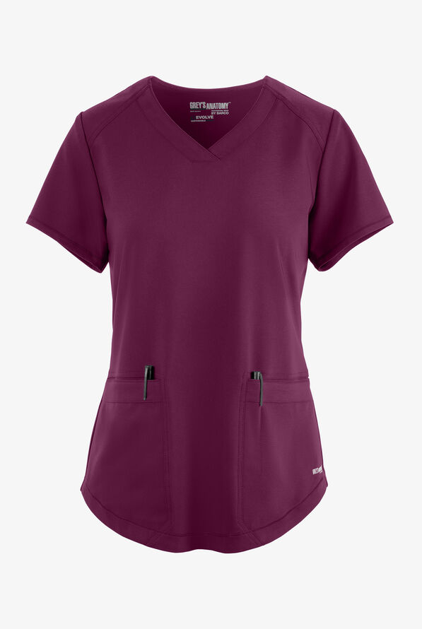 Grey's Anatomy by Barco Evolve STRETCH Rhythm Women's 2-Pocket V-Neck Scrub Top - Wine - 1