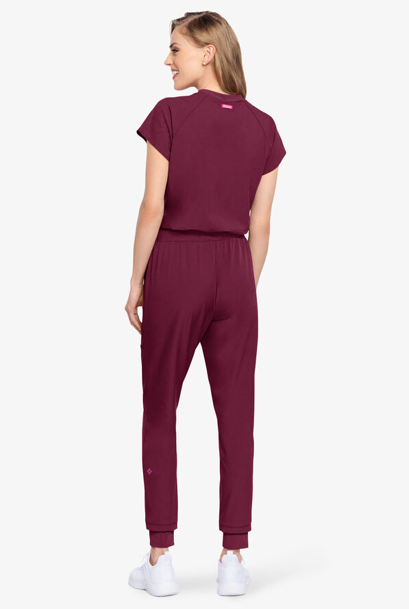 Med Couture Amp Women's 5-Pocket STRETCH  Zip Front Storm Cuff V-Neck Jumpsuit - Wine - 3