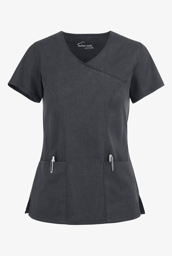 Butter-Soft STRETCH Women's 3-Pocket V-Neck Mock Wrap Scrub Top - Heather Charcoal - 1