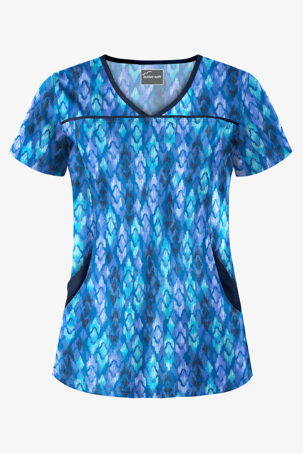 UA ButterSoft Royal Ikat Royal Women's 4Pocket VNeck Print Scrub Top, Print Scrubs