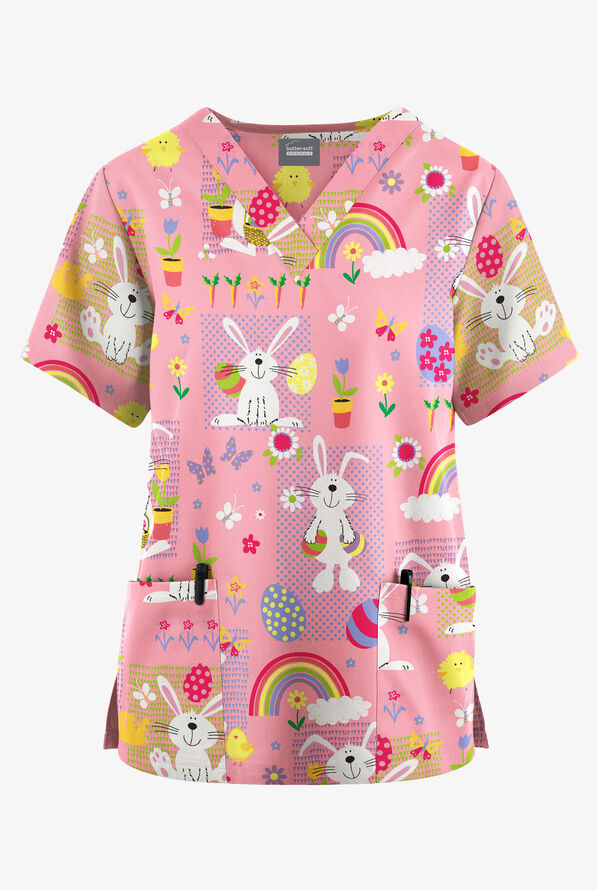 Butter-Soft Originals Easter Time Blush Women's 2- Pocket V-Neck Print Scrub Top - null - 1