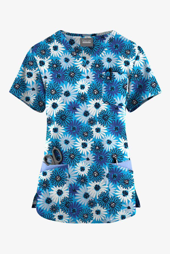 Butter-Soft Originals Pop Of Daisies Turquoise Women's 7-Pocket Curved V-Neck Print Scrub Top - null - 1