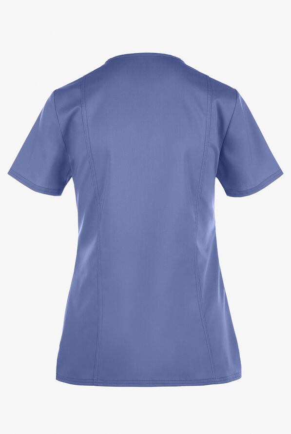 Cherokee Workwear Revolution Women's 2-Pocket STRETCH Mock Wrap Scrub Top - Ceil Blue - 3
