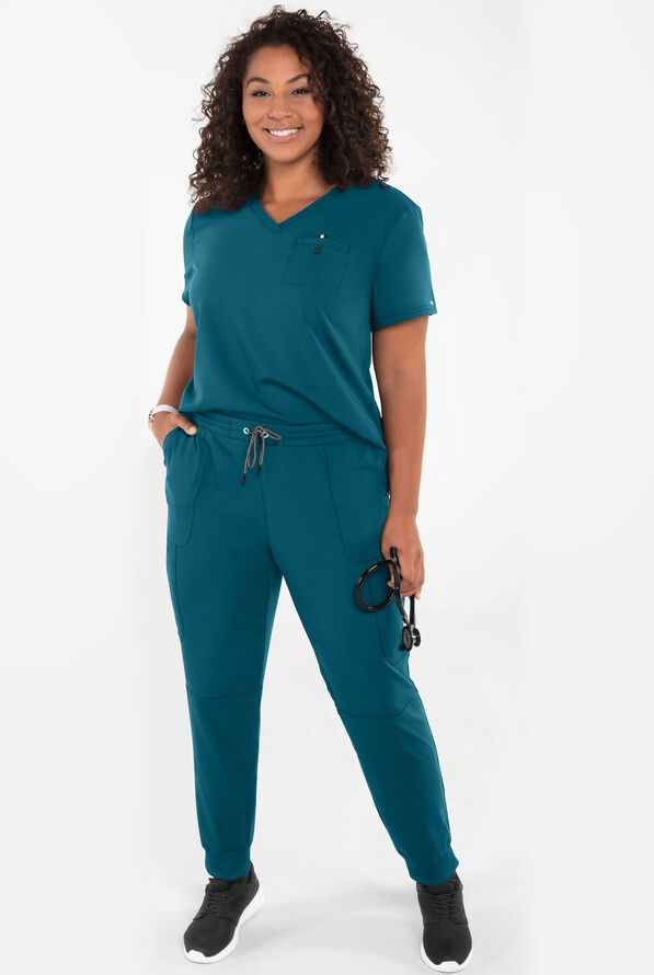 koi Next Gen Ready to Work Women's 1-Pocket STRETCH V-Neck Scrub Top - Caribbean Blue - 4