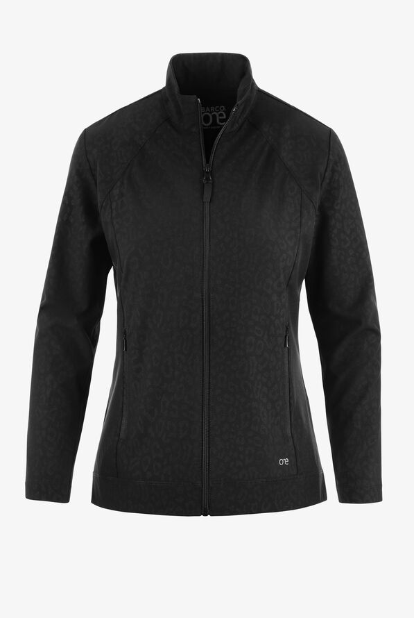 Barco One Endure Women's 2-Pocket STRETCH Cheetah Zip Front Scrub Jacket - Mystic Cheetah Black - 1